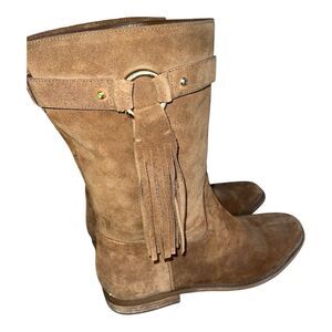 MICHAEL Kors Rhea Boots Womens Sz 10 Biker Pull On Brown Harness Fringe Leather